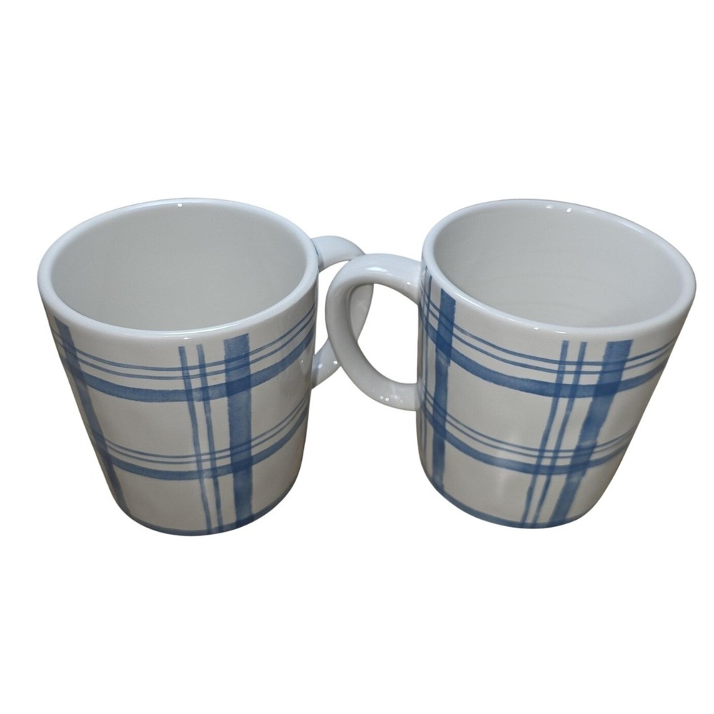 Pier 1 Blue Plaid Ceramic Coffee Mugs Set Of 2 Stackable Dishwasher Safe